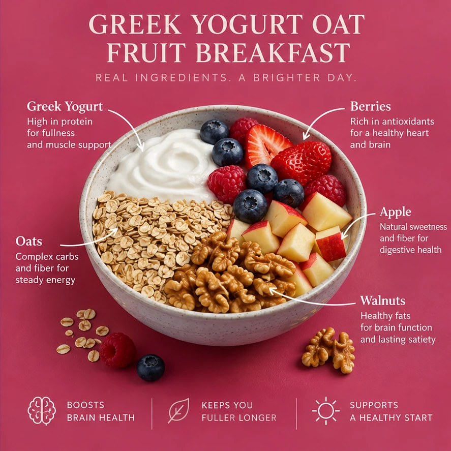 Greek yogurt, oats, berries, apple, and walnuts in a berry-colored breakfast infographic.