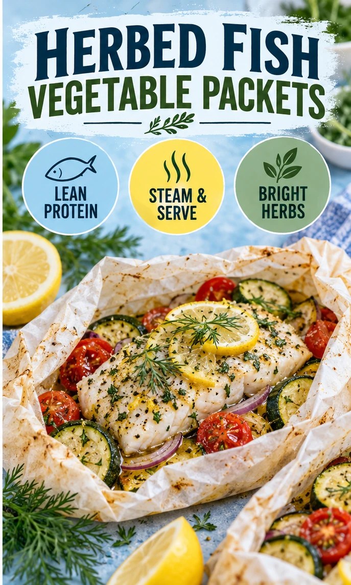 White fish baked in parchment with zucchini, tomatoes, lemon, and herbs in a blue infographic.