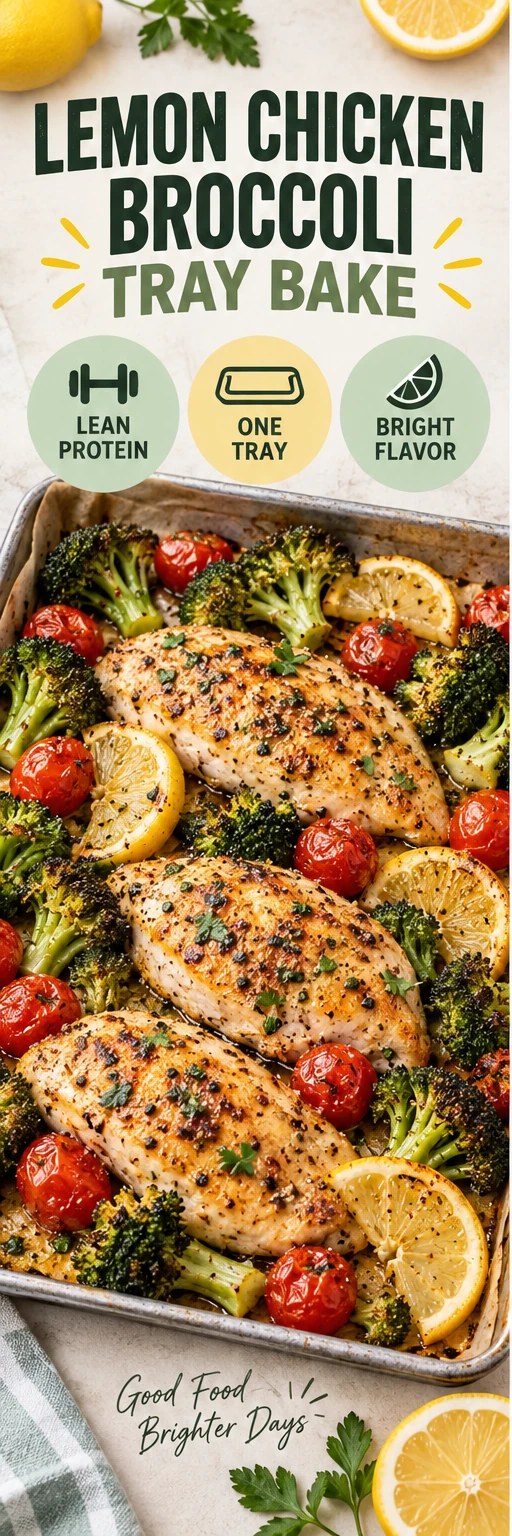 Roasted lemon chicken with broccoli and cherry tomatoes on a sheet pan in a sage infographic.