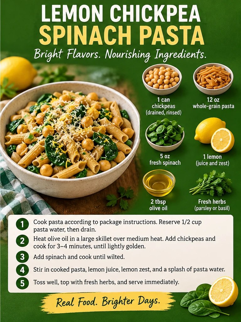 Chickpeas, spinach, whole-grain pasta, lemon, and herbs in a green recipe infographic.