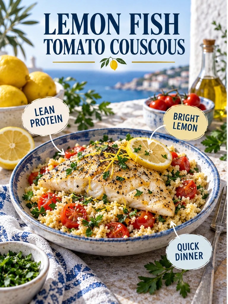 White fish with couscous, tomatoes, herbs, and lemon in a blue Mediterranean infographic.