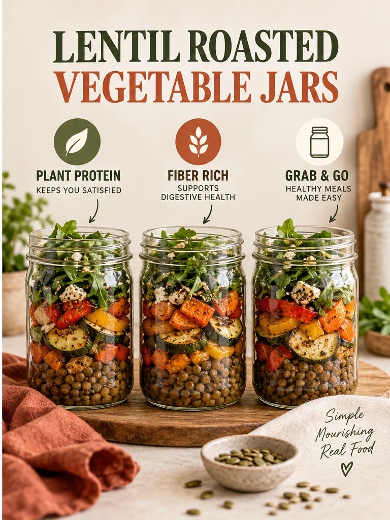 Three jars layered with lentils, roasted vegetables, and greens in an olive infographic.