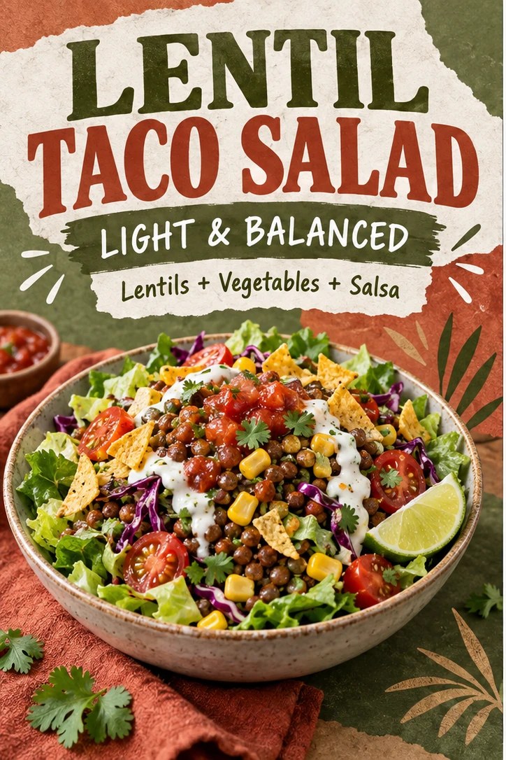 Lentil taco salad with lentils, lettuce, tomato, corn, cabbage, salsa, lime, and yogurt