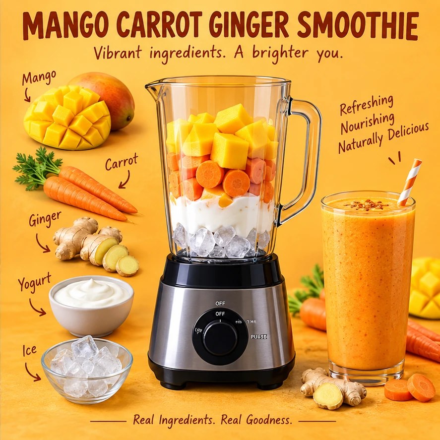 Mango, carrot, ginger, yogurt, ice, blender, and a finished orange smoothie in a sunny infographic.
