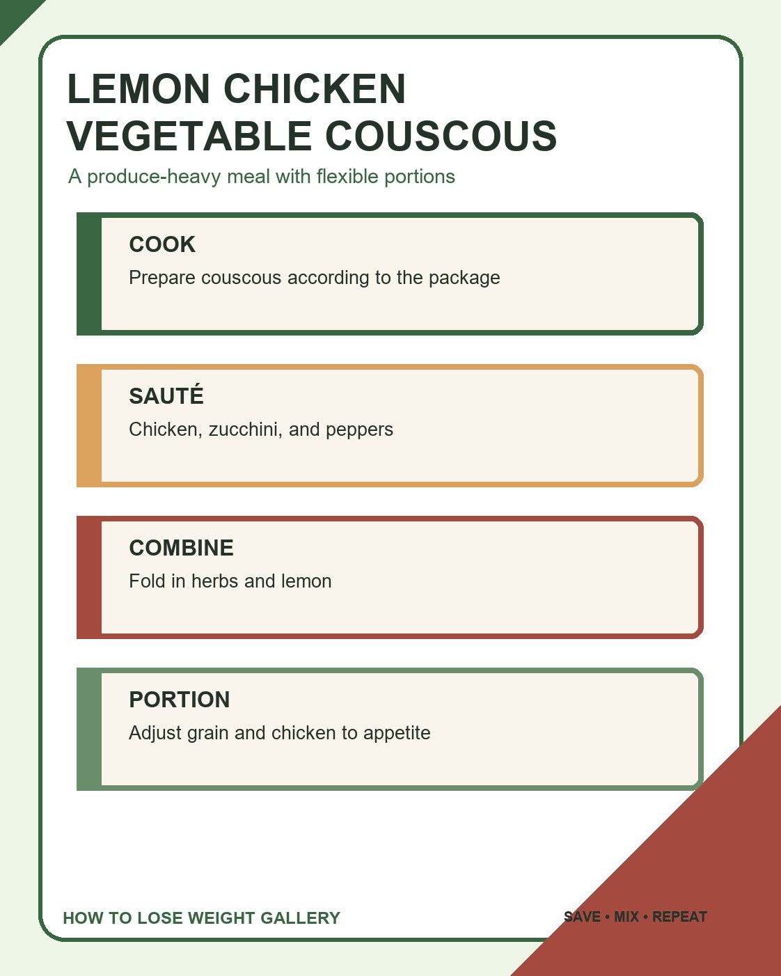 Low Calorie Meals infographic titled lemon chicken vegetable couscous with four labeled steps and a distinct colorful layout.