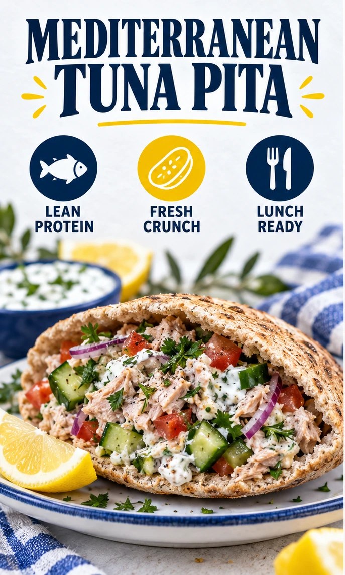 Whole-grain pita filled with tuna, cucumber, tomato, herbs, and yogurt sauce in a navy infographic.