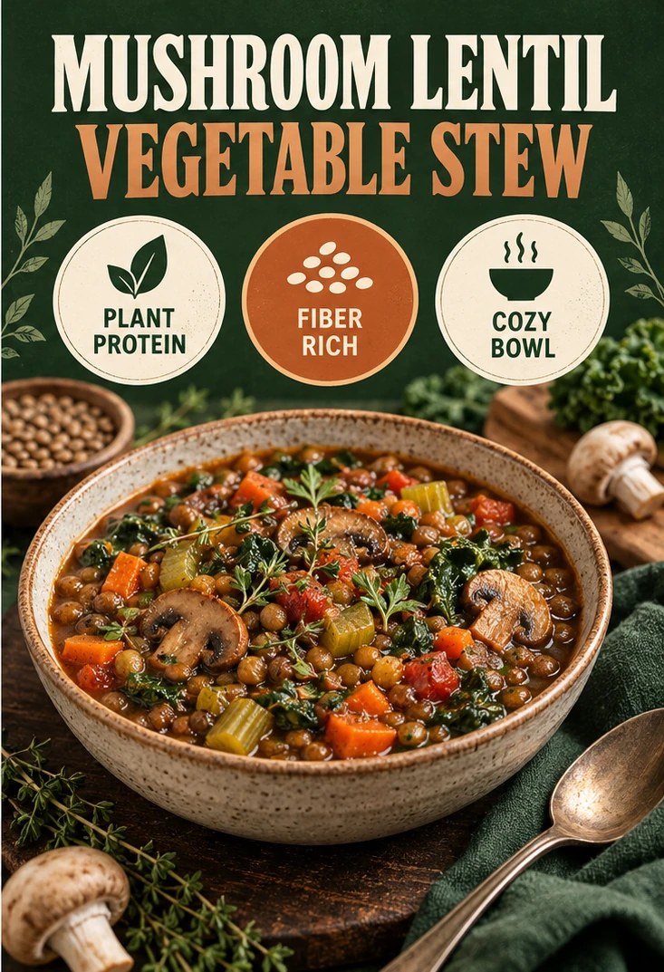 Hearty mushroom lentil stew with carrots, celery, and greens in a forest-green infographic.