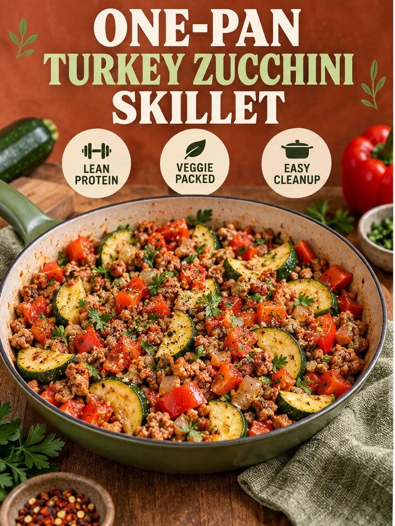 One-pan turkey and zucchini skillet with red pepper, tomato, and herbs in a warm editorial infographic.