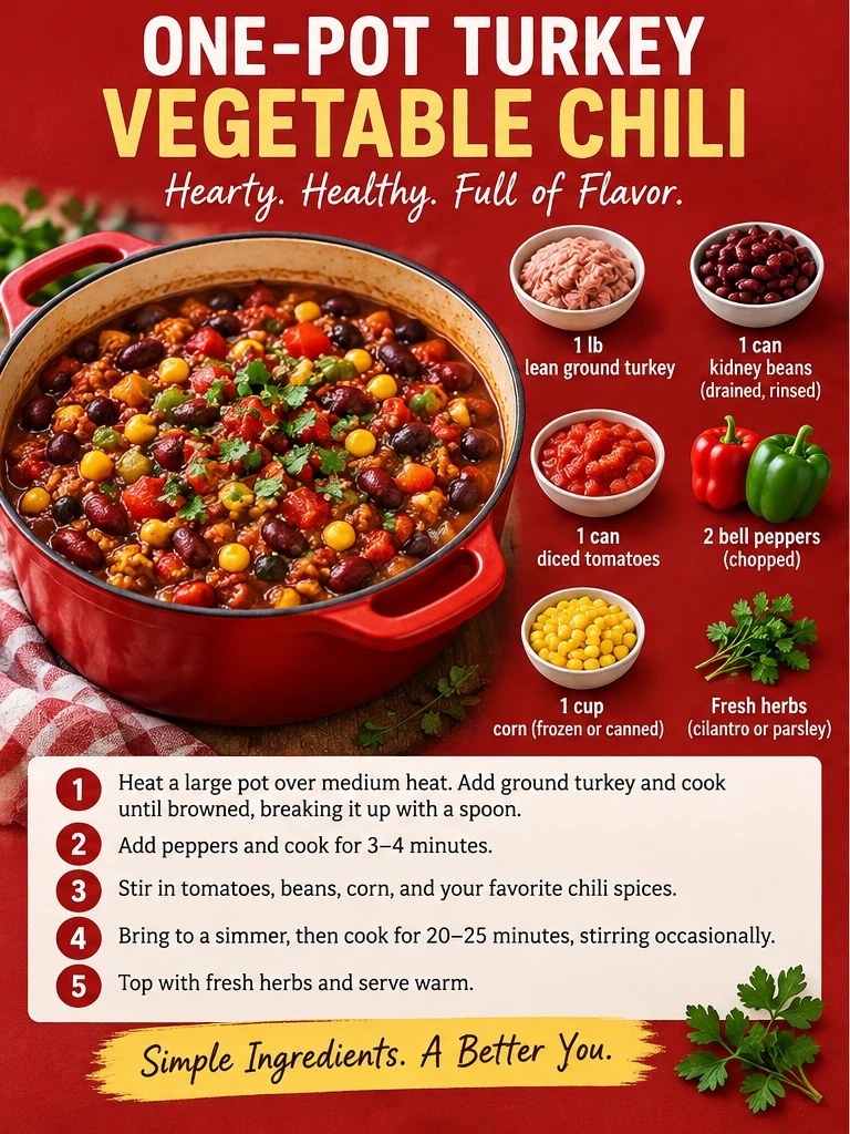 Turkey, beans, tomatoes, peppers, corn, and herbs in a red one-pot chili infographic.