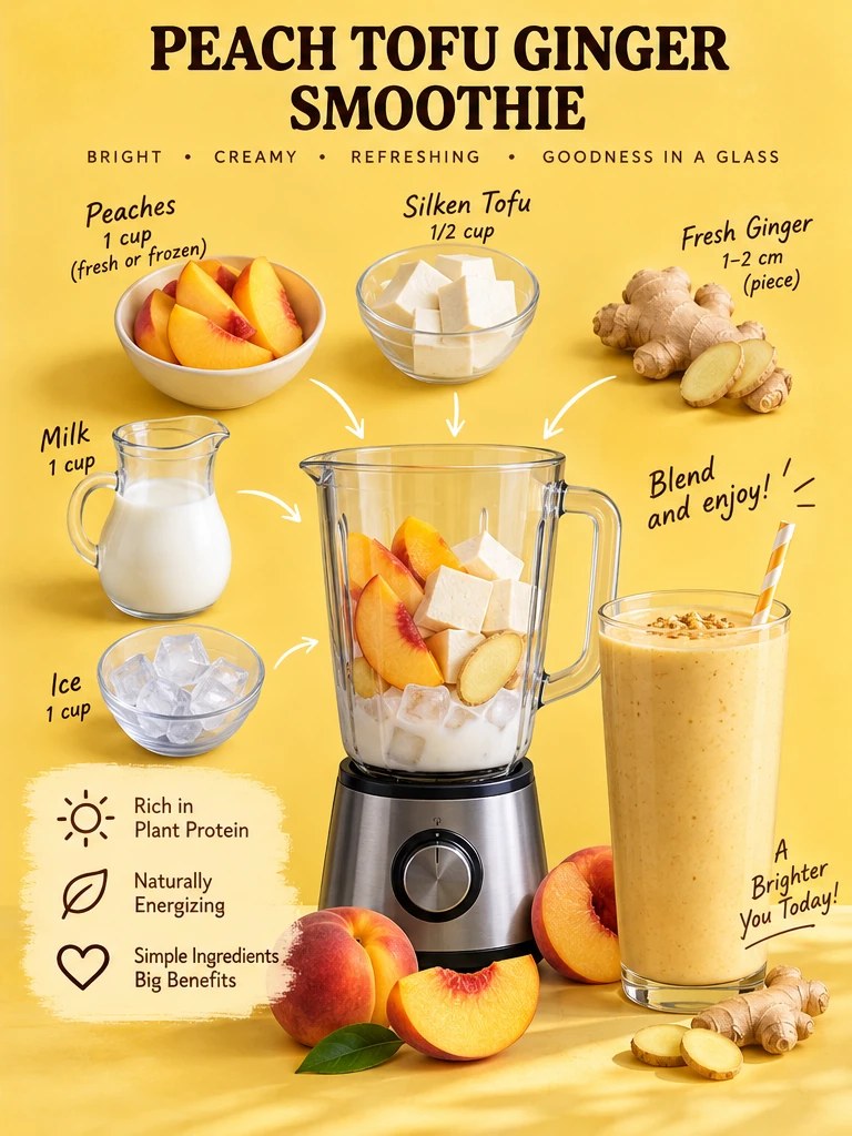 Peaches, silken tofu, ginger, milk, ice, and a finished golden smoothie in a yellow infographic.
