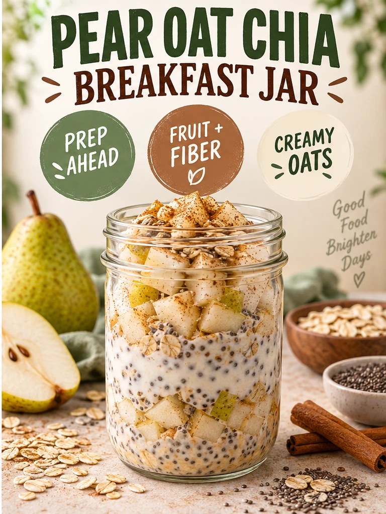 Pear, oats, chia, yogurt, and cinnamon layered in a glass breakfast jar infographic.