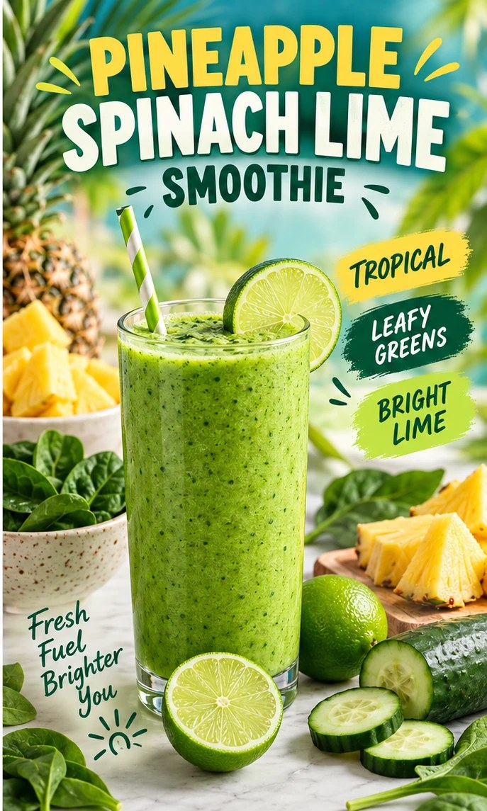 Green smoothie with pineapple, spinach, lime, and cucumber in a tropical infographic.