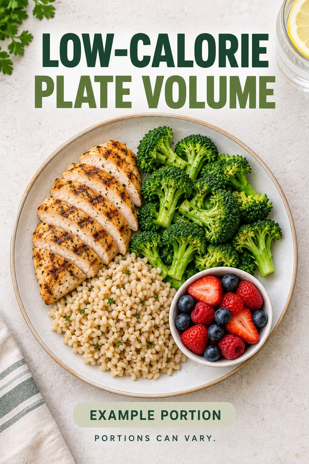 Low-Calorie Plate Volume visual using grilled chicken, brown rice, broccoli, and berries as flexible example portions for Low Calorie Meals.