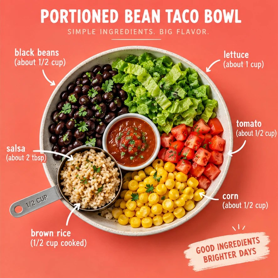 Black bean taco bowl with lettuce, tomato, corn, salsa, and measured brown rice in a coral infographic.