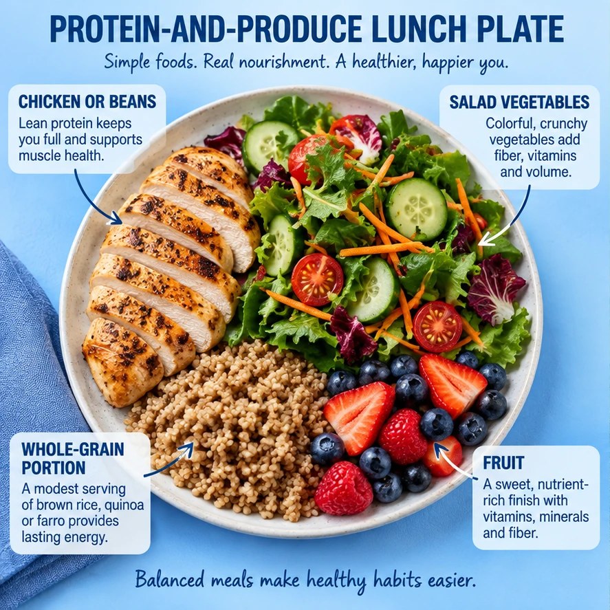 Chicken or beans, salad vegetables, fruit, and a modest whole-grain portion in a blue lunch-plate infographic.