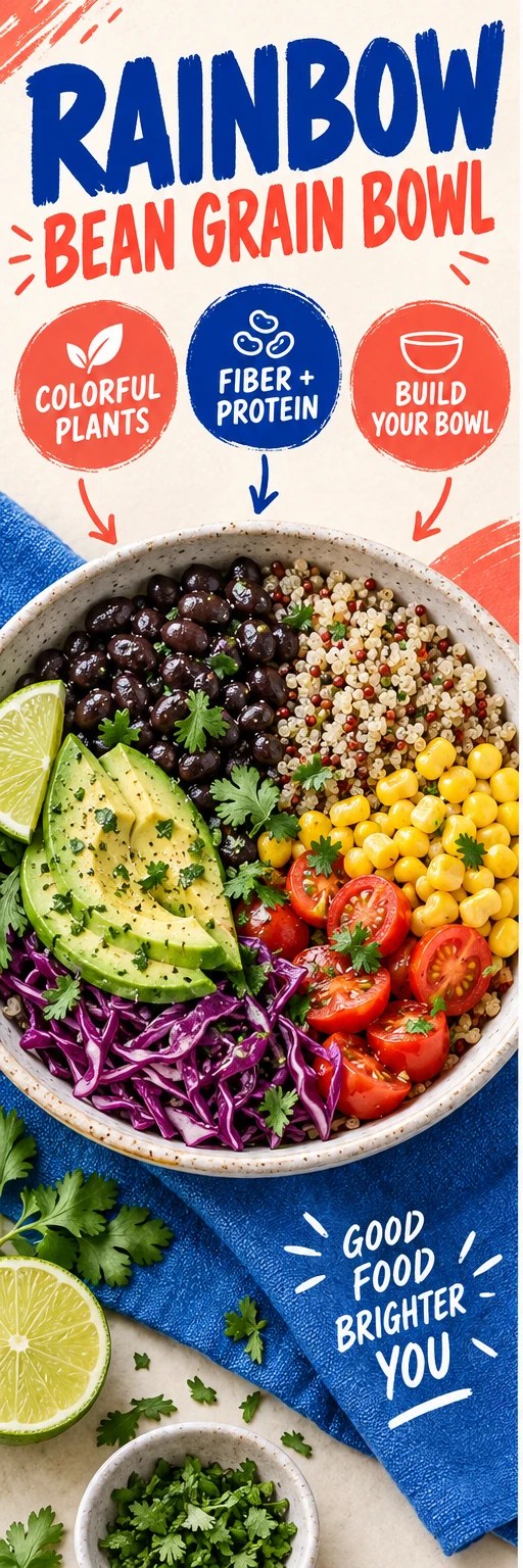 Rainbow bowl with black beans, quinoa, corn, tomato, cabbage, avocado, and lime in a bright infographic.