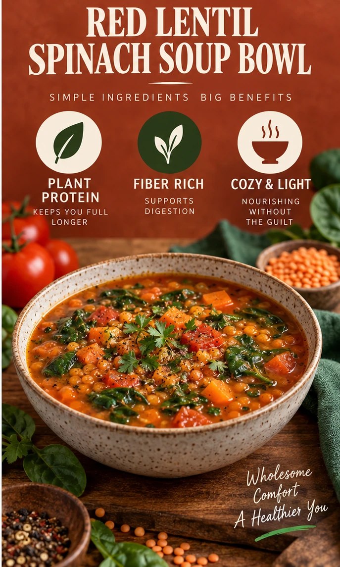 Red lentil soup with spinach, tomato, carrots, and herbs in a warm terracotta infographic.