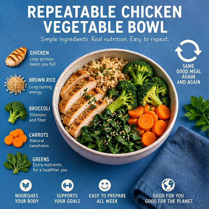 Chicken, brown rice, broccoli, carrots, greens, and repeat icon in a blue infographic.