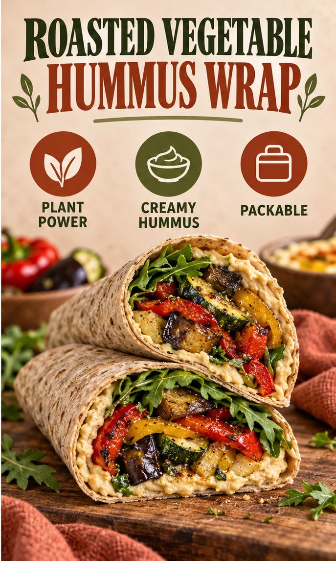 Whole-grain wrap with hummus, roasted peppers, zucchini, eggplant, and greens in a terracotta infographic.
