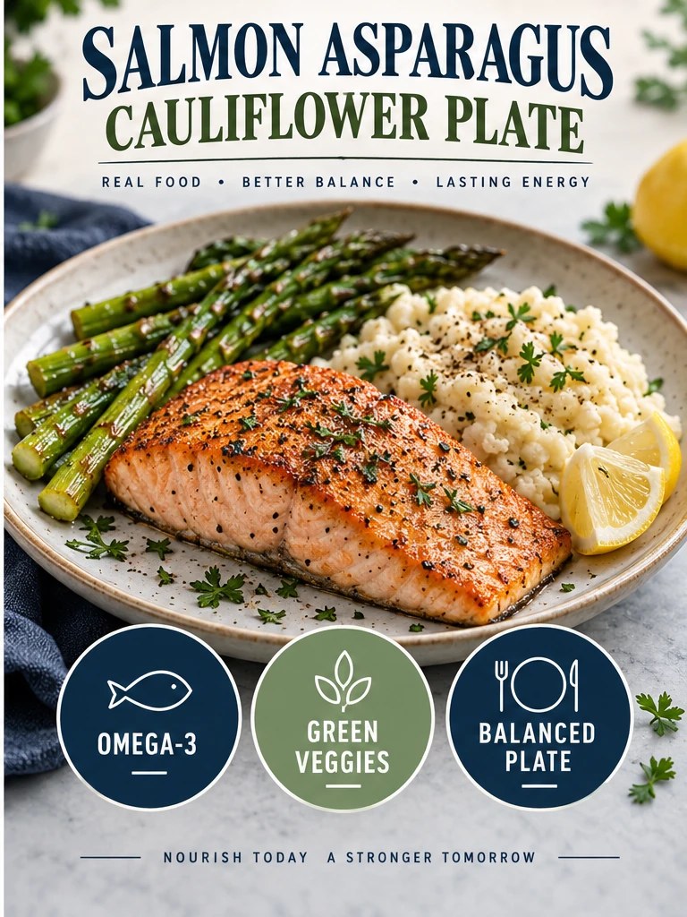 Salmon with asparagus, cauliflower mash, and lemon in a navy infographic.