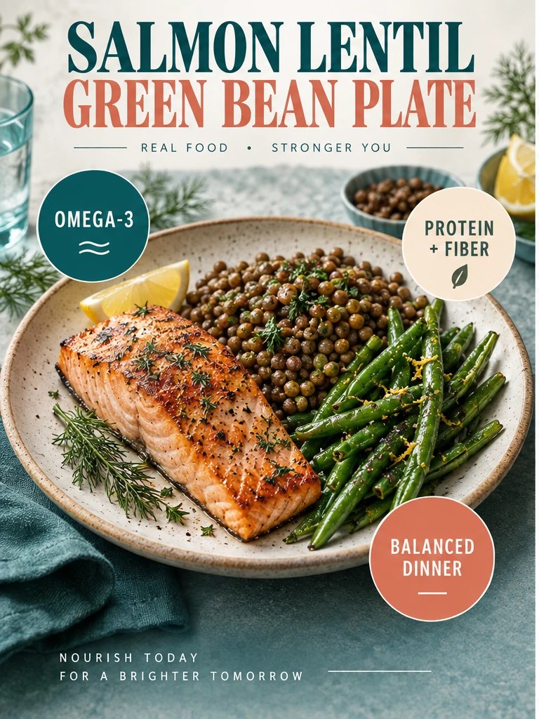 Salmon with lentils and green beans in a teal high-protein dinner infographic.