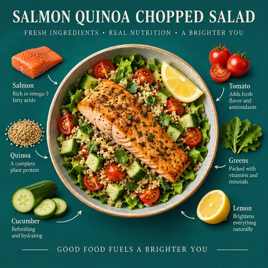 Salmon, quinoa, cucumber, tomato, greens, and lemon in a teal chopped-salad infographic.