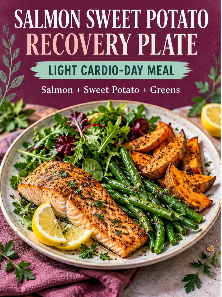 Salmon with roasted sweet potato wedges, green beans, leafy salad, lemon, and herbs