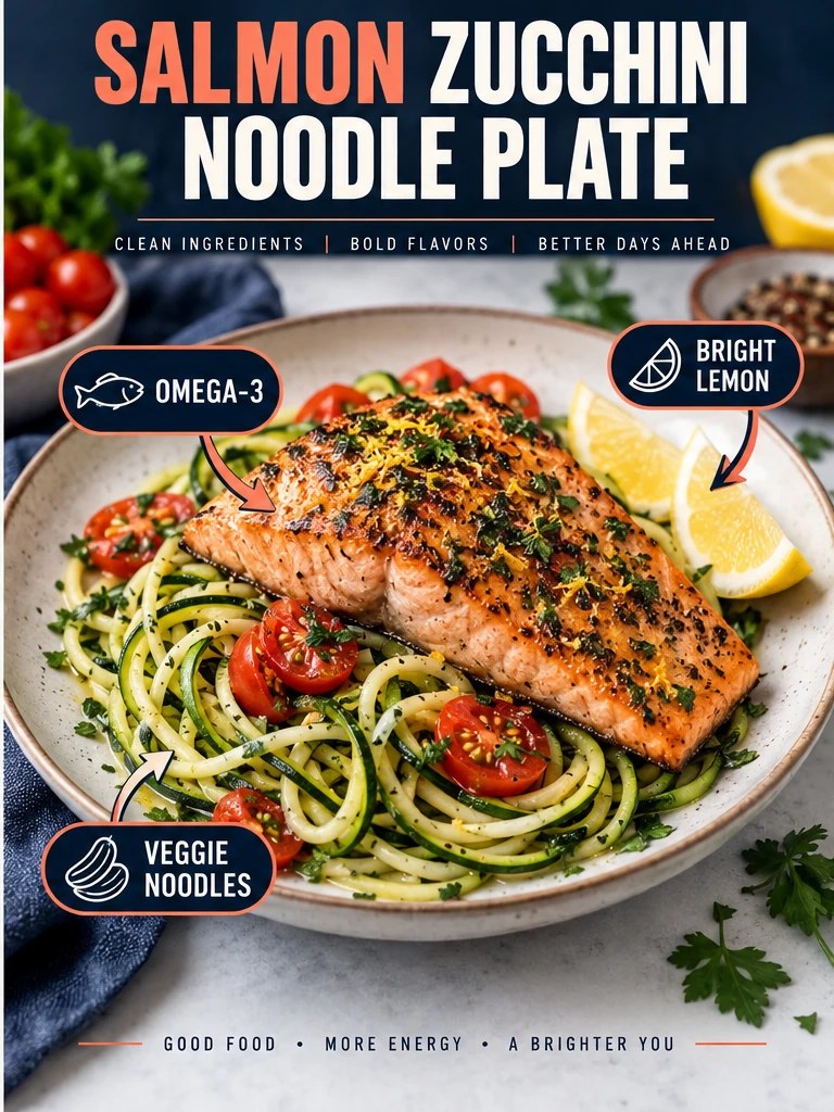 Salmon over zucchini noodles with tomatoes, herbs, and lemon in a navy infographic.