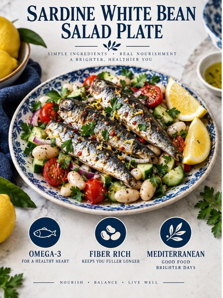 Sardines, white beans, tomatoes, cucumber, herbs, and lemon in a navy infographic.