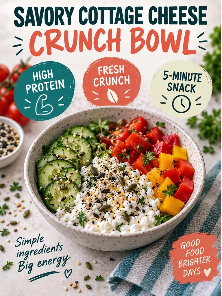 Cottage cheese with cucumber, tomatoes, peppers, and seeds in a teal snack infographic.