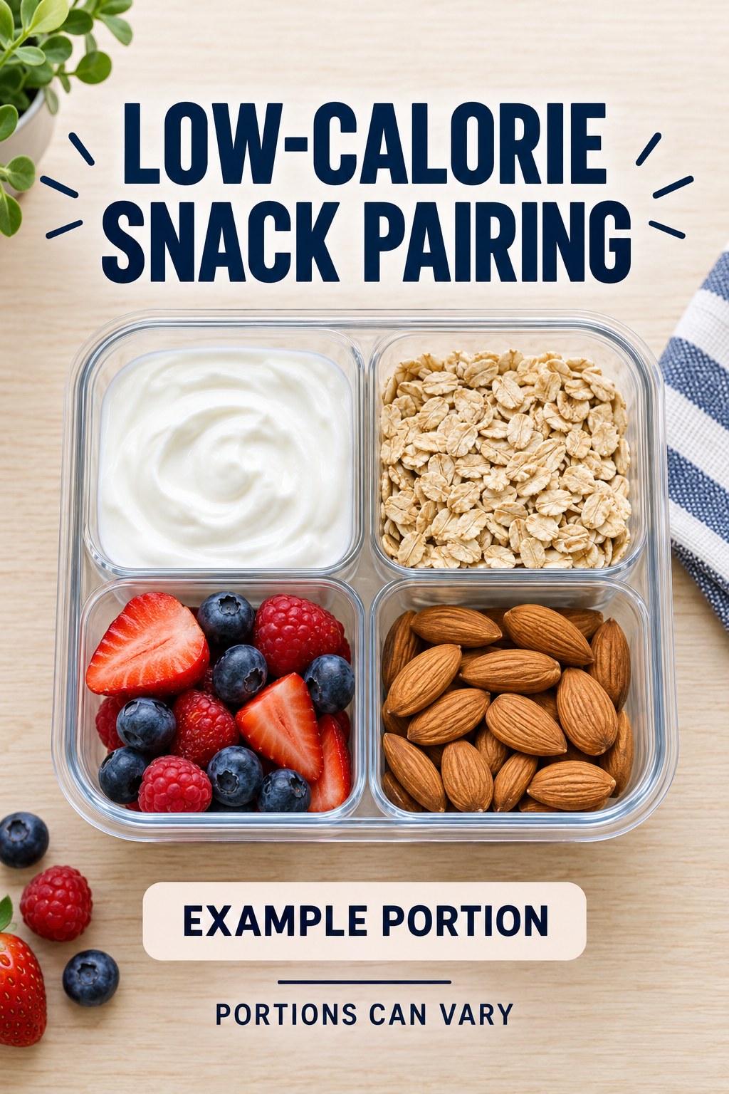 Low-Calorie Snack Pairing visual using plain yogurt, oats, berries, and almonds as flexible example portions for Low Calorie Snacks.