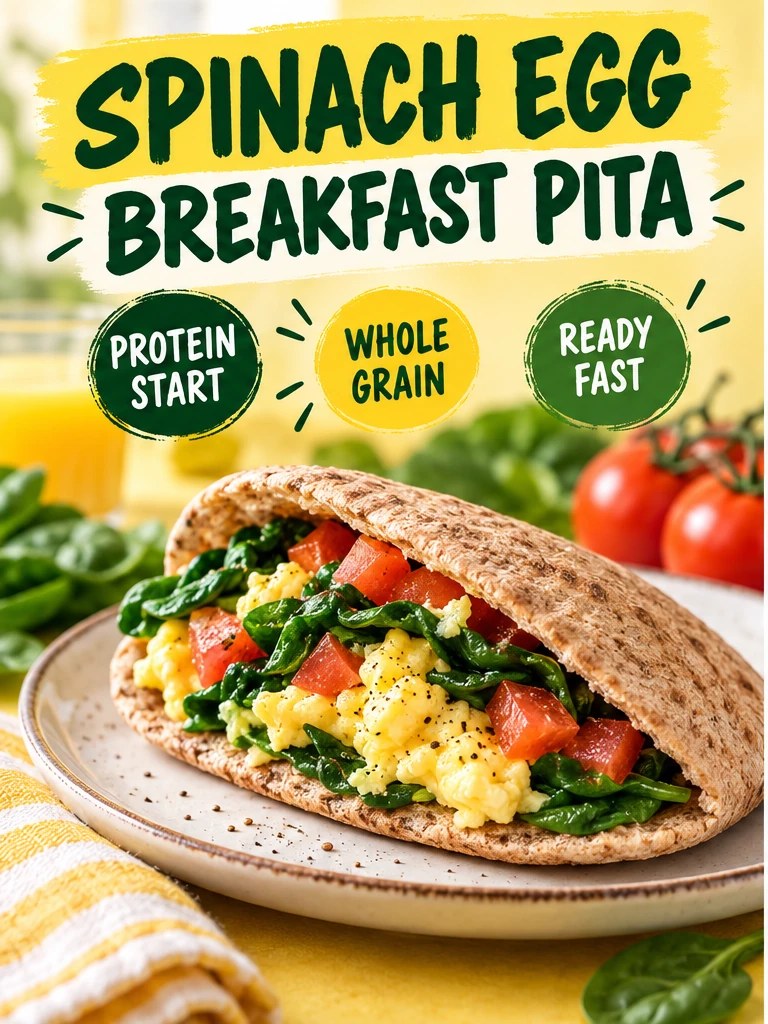 Whole-wheat pita filled with scrambled egg, spinach, and tomato in a sunny breakfast infographic.