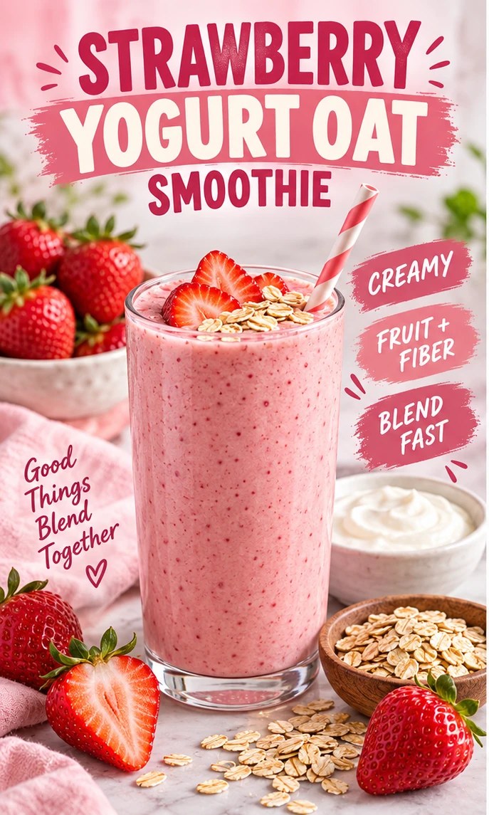 Pink strawberry smoothie with Greek yogurt and oats in a bright editorial infographic.