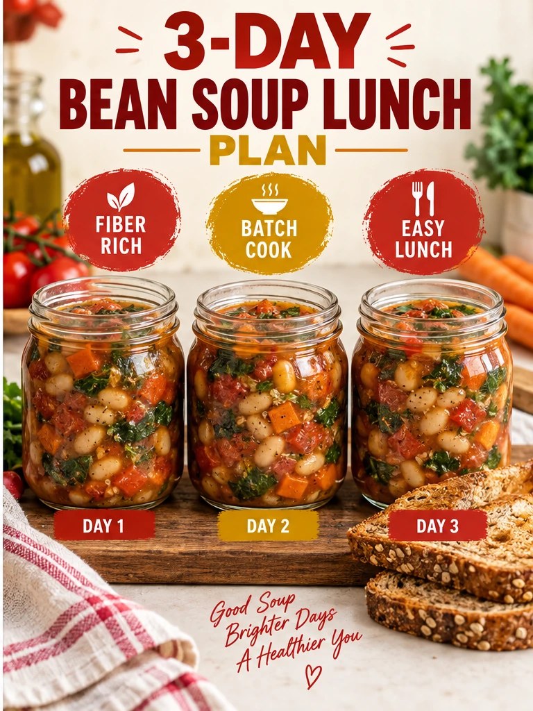 Three jars of white bean tomato vegetable soup with whole-grain toast in a red-gold infographic.