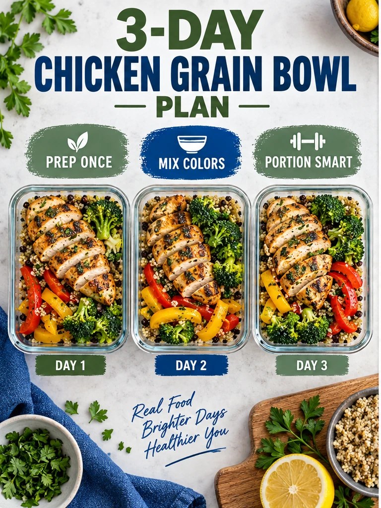 Three meal-prep containers with chicken, quinoa, broccoli, and peppers in a green-blue infographic.