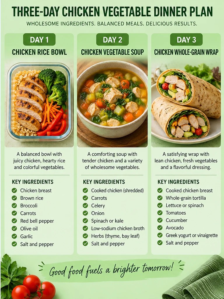 Three-day dinner plan with chicken rice bowl, chicken vegetable soup, and chicken whole-grain wrap in a green infographic.