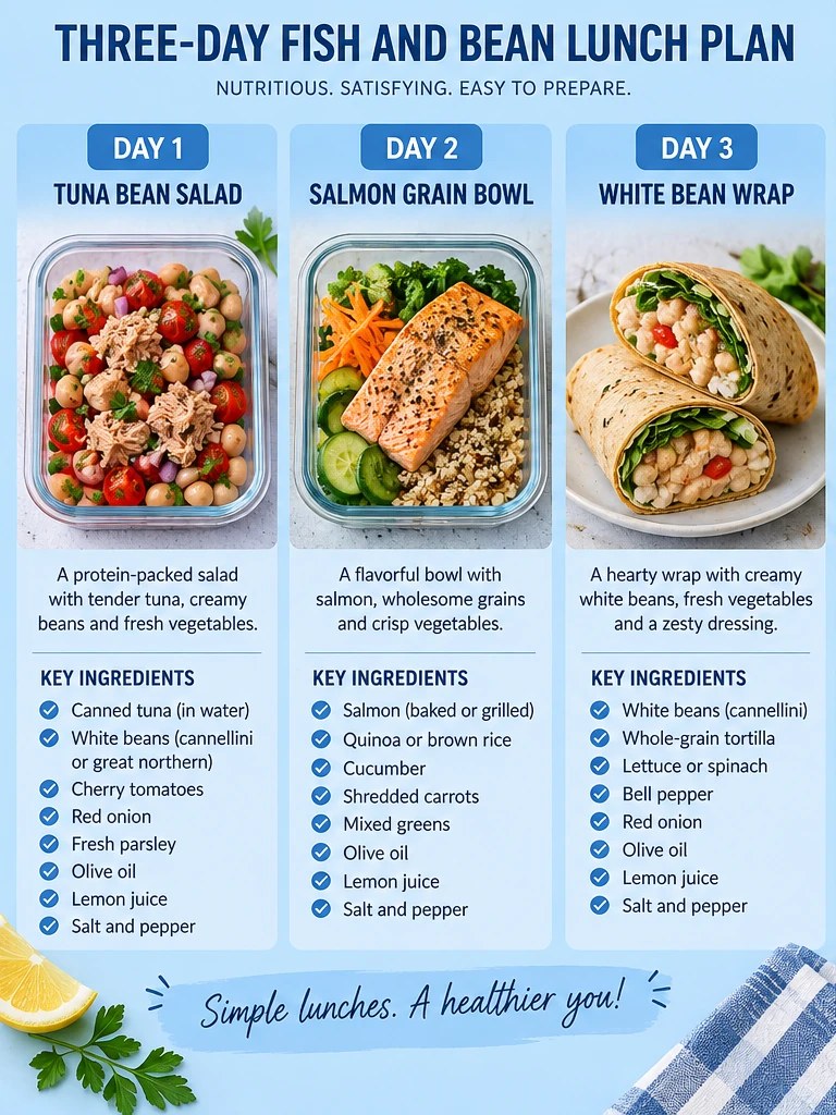 Three-day lunch plan with tuna bean salad, salmon grain bowl, and white bean wrap in a blue infographic.