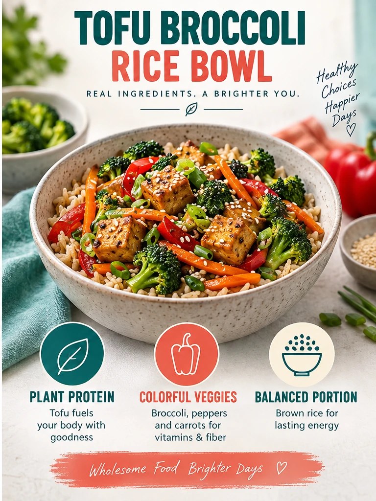 Tofu, broccoli, peppers, carrots, and brown rice in a teal bowl infographic.