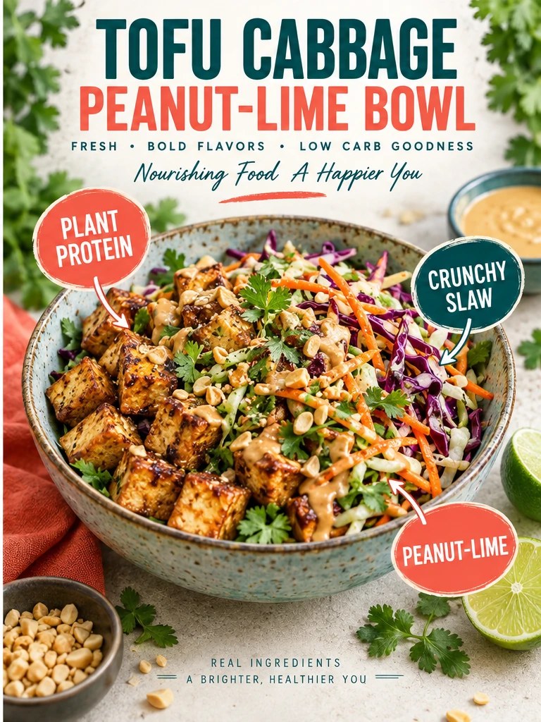 Tofu, cabbage, carrots, herbs, and peanut-lime dressing in a teal infographic.