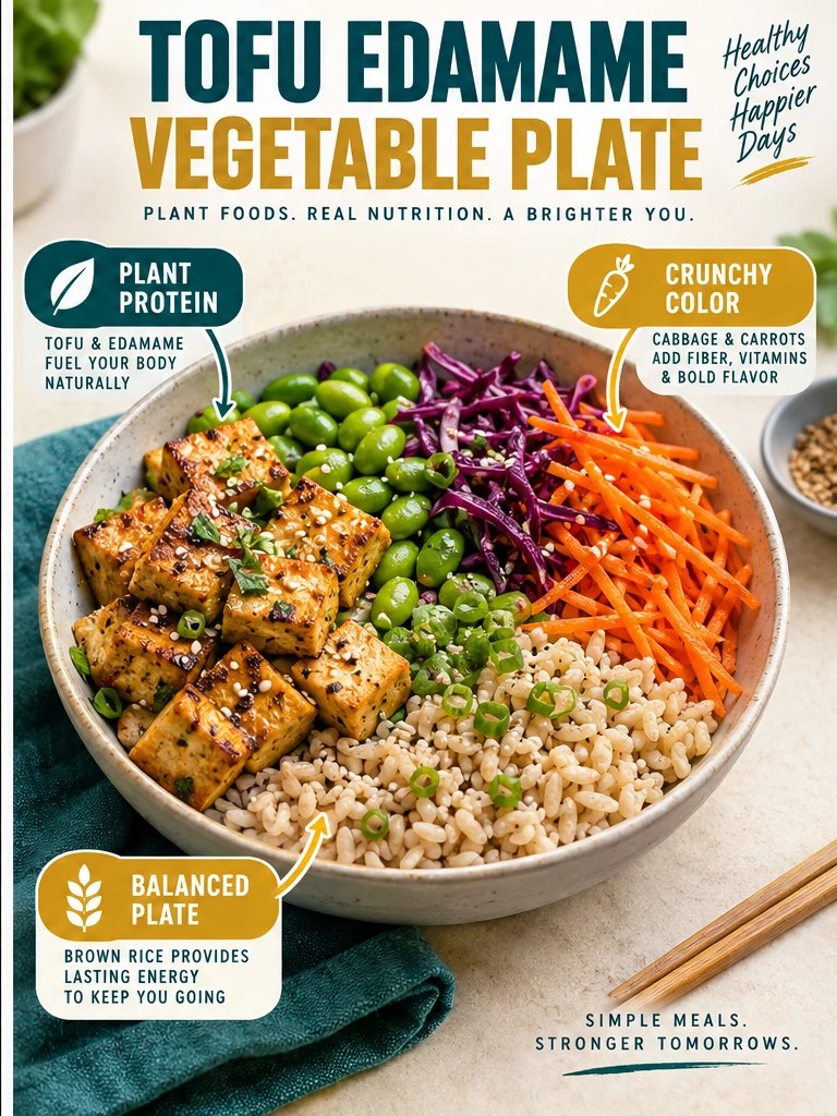 Golden tofu, edamame, cabbage, carrots, and brown rice in a teal infographic.