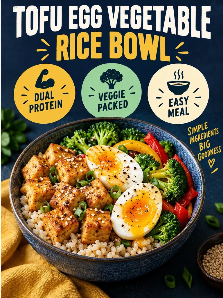 Golden tofu, soft egg, broccoli, peppers, and rice in a navy infographic.
