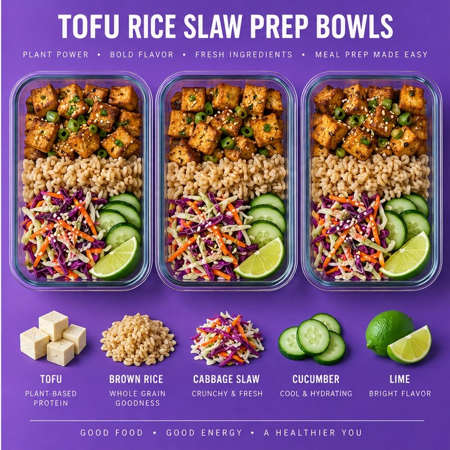 Three meal-prep bowls with tofu, brown rice, cabbage slaw, cucumber, and lime in a violet infographic.