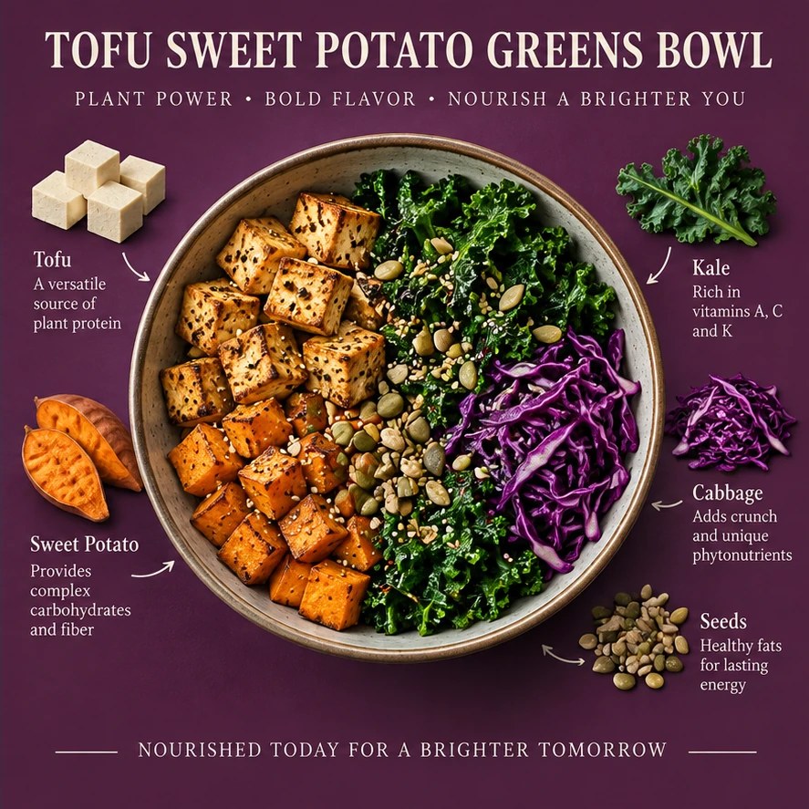 Tofu, roasted sweet potato, kale, cabbage, and seeds in a plum bowl infographic.