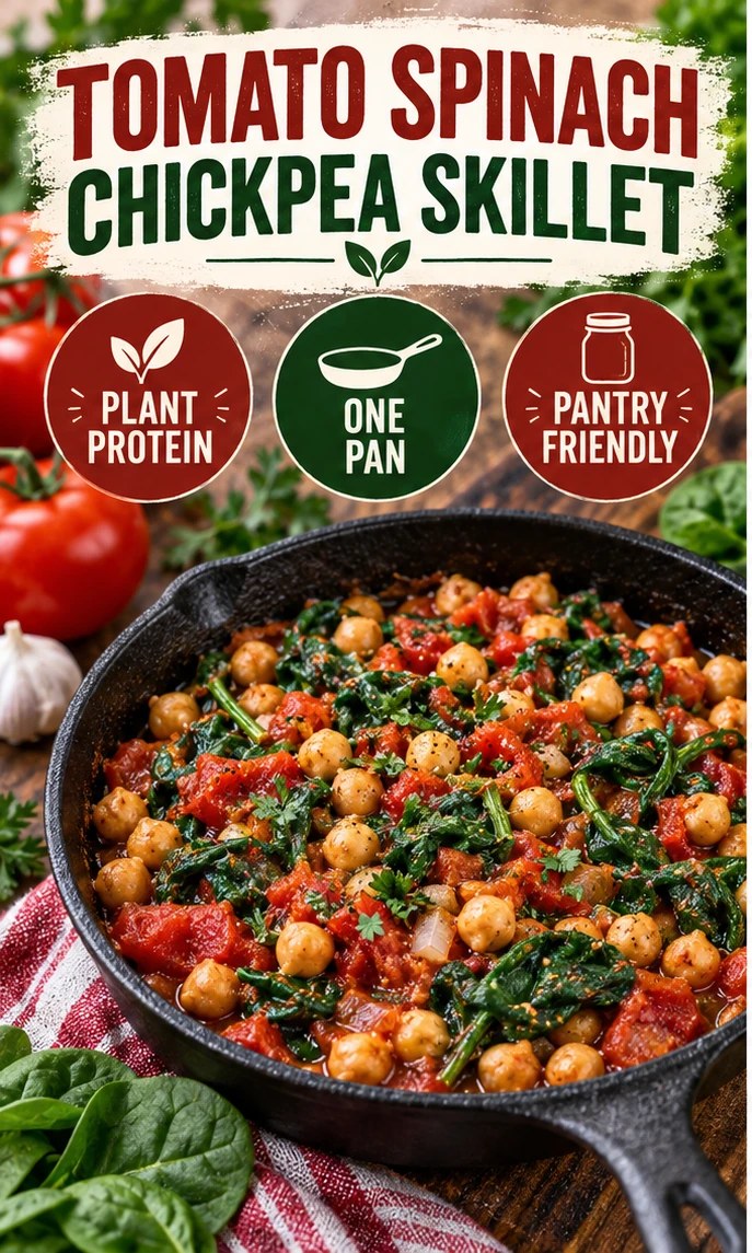 Tomato spinach chickpea skillet with garlic and herbs in a red and green infographic.