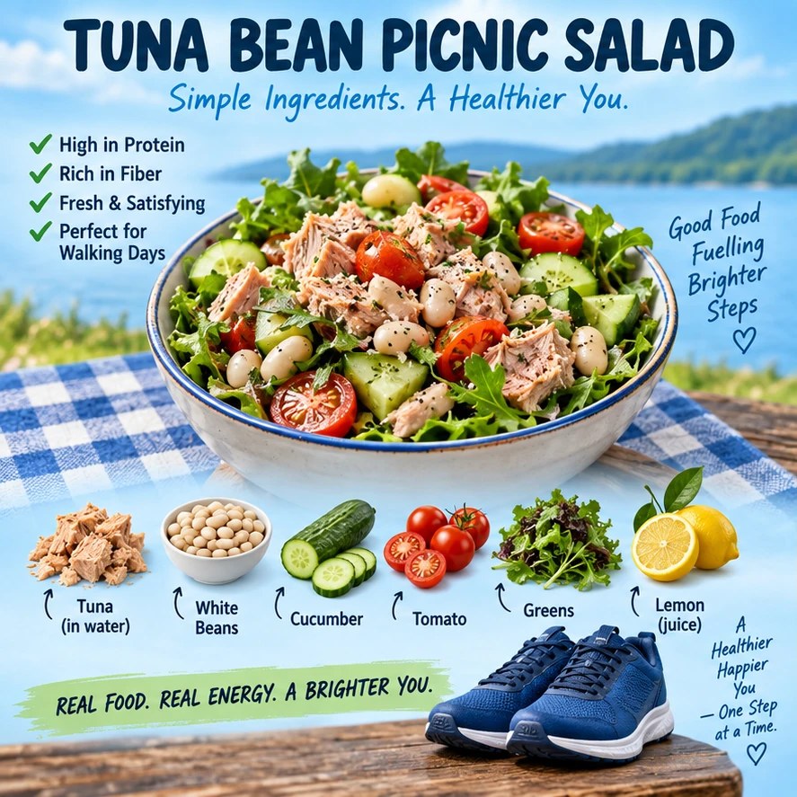 Tuna, white beans, cucumber, tomato, greens, lemon, and walking shoes in a blue infographic.