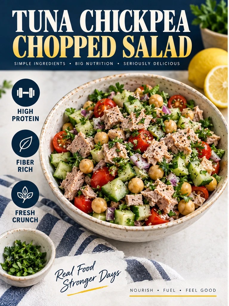 Tuna chickpea salad with cucumber, tomatoes, and herbs in a navy infographic.