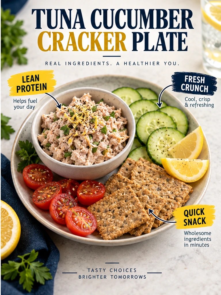 Tuna, cucumber, tomatoes, whole-grain crackers, and lemon in a navy infographic.
