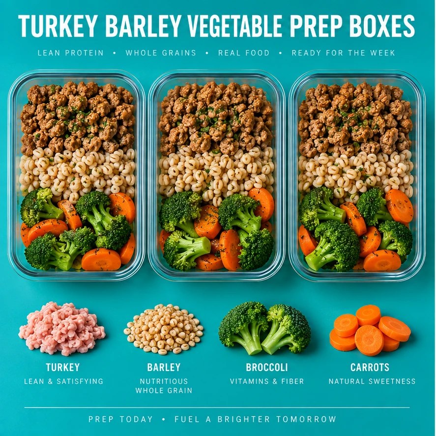 Three meal-prep boxes with turkey, barley, broccoli, and carrots in a teal infographic.