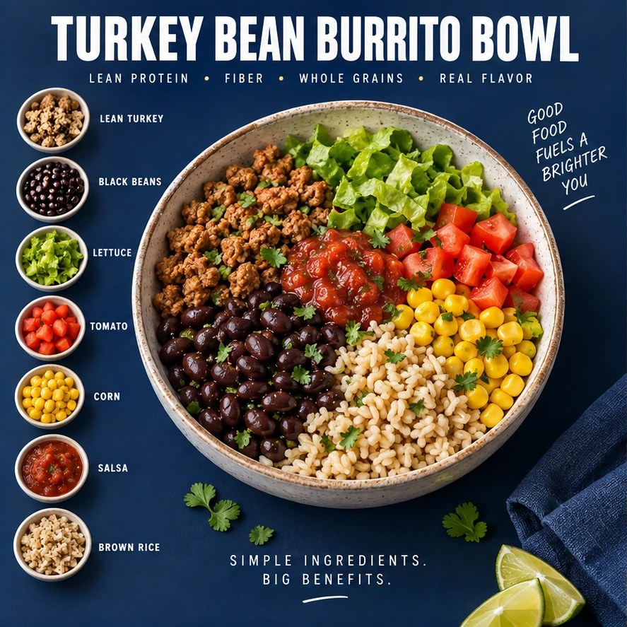 Lean turkey, black beans, lettuce, tomato, corn, salsa, and brown rice in a navy infographic.