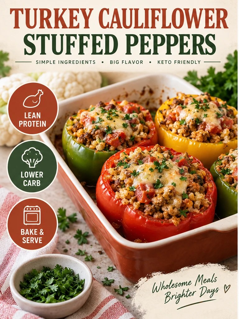Peppers filled with turkey, cauliflower rice, tomatoes, and herbs in a terracotta infographic.